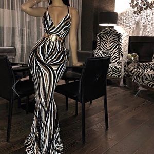 Black Gold and White Sequins Padded Mermaid Gown